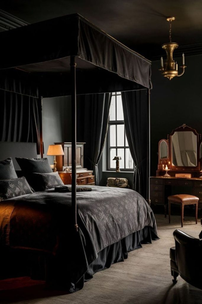 Soft black canopy bed airy elegant bedroom.