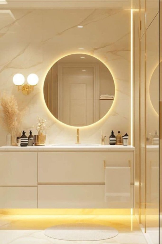 “Gold accent bathroom with sun reflections”