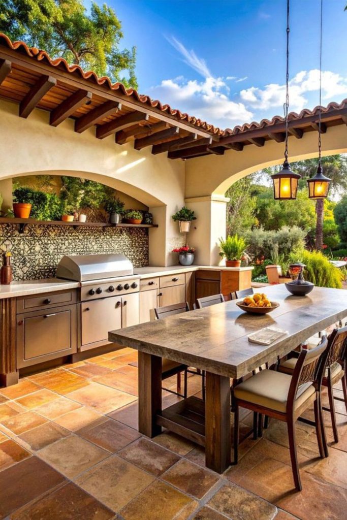 Colorful stucco courtyard cooking area
