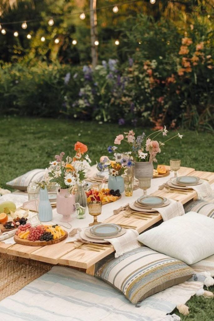 Spring meadow vibrant bridal shower setup