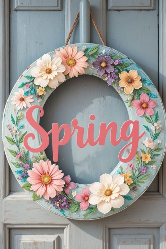 Chaotic floral collage on circular frame