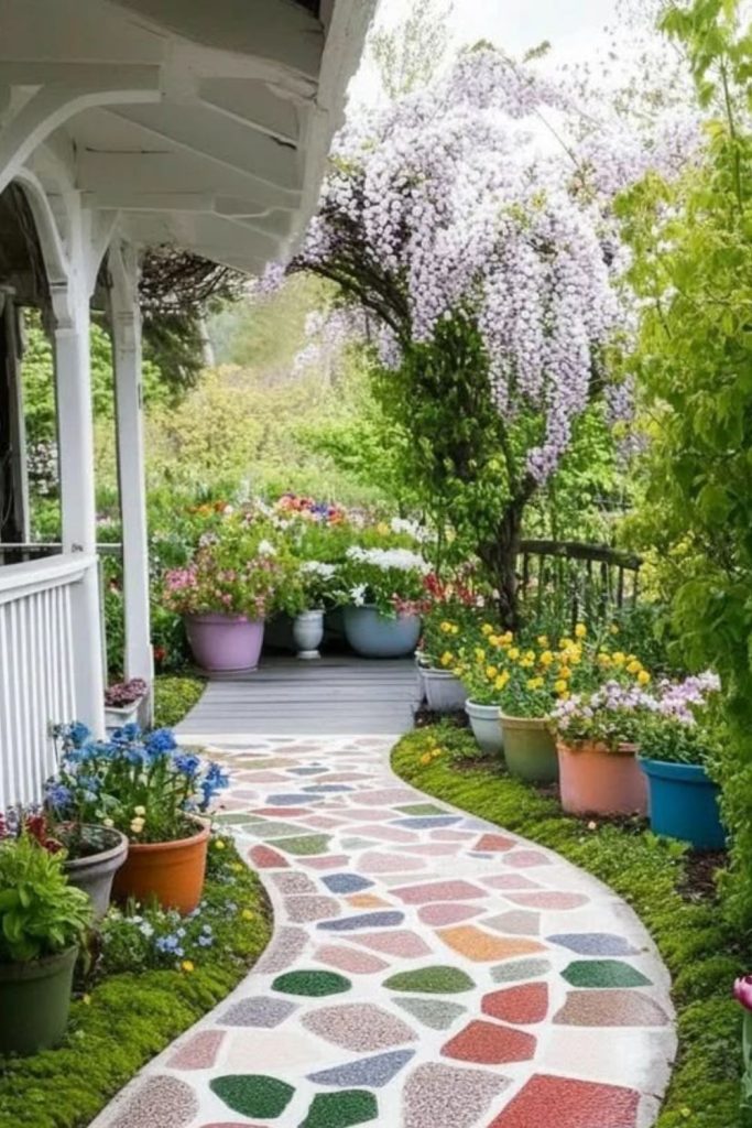 Chalk-drawn flower path outdoors in sunlight.