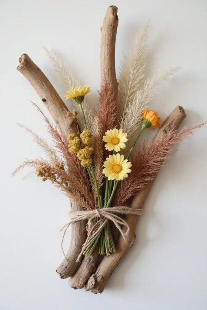 Twisted driftwood mounted with small flowers.