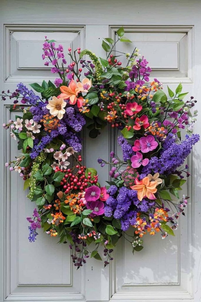 Oversized wreath of mixed spring blooms.
