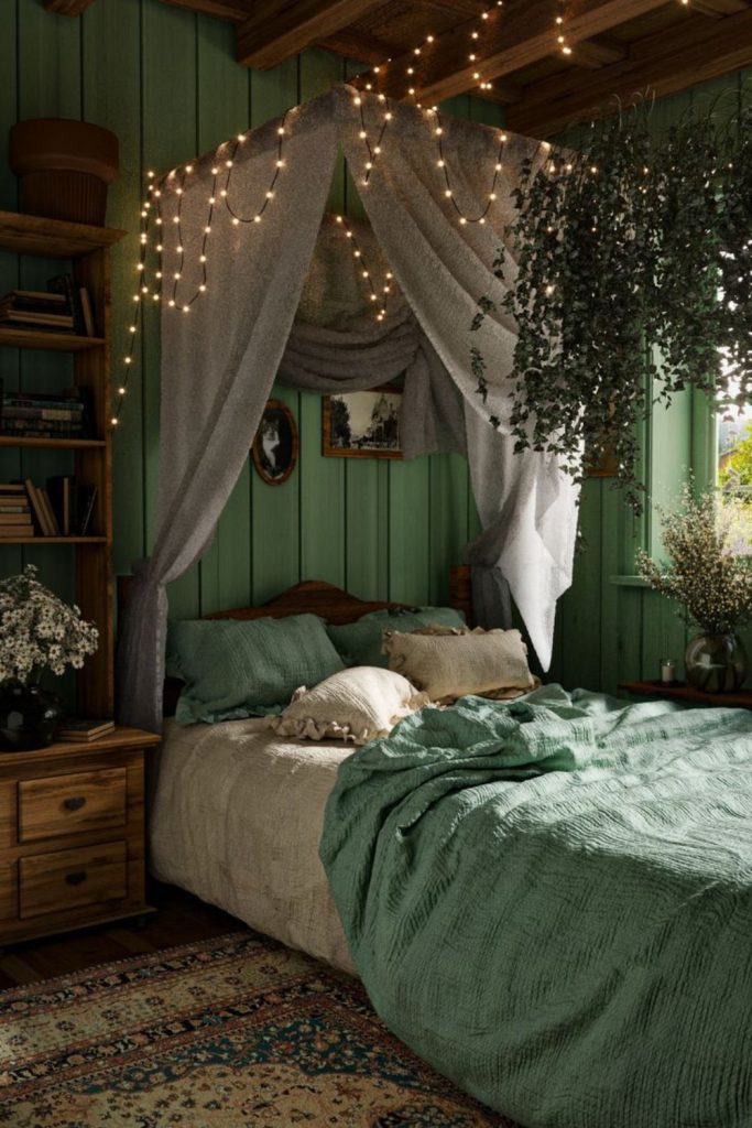 Olive walls with twinkling star lights.