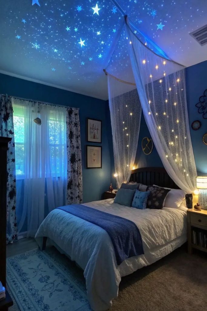 Midnight blue with hand-painted fireflies.