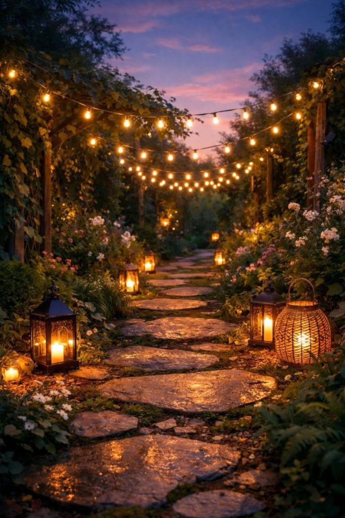 Amber lanterns hanging over mossy garden pathway.