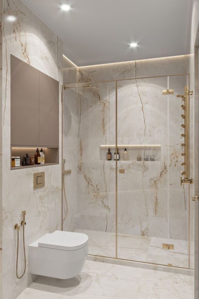 “Gold veined marble bathroom with sunlight”