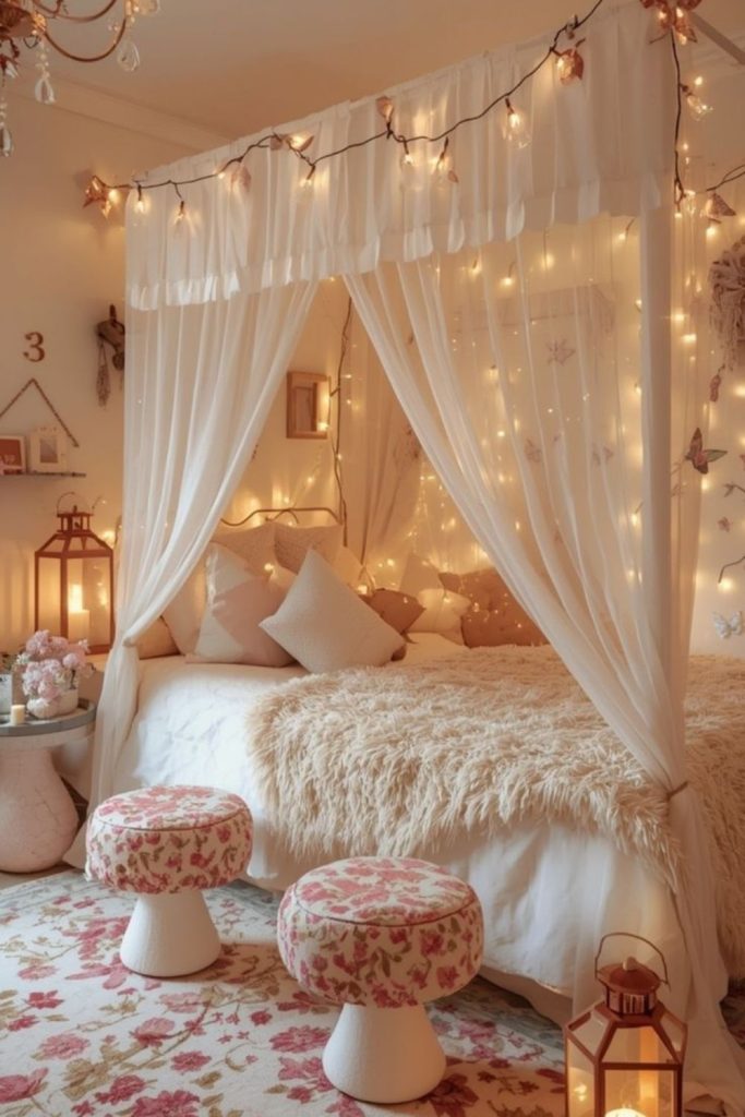 Floral pillows with fluttering gauzy panels