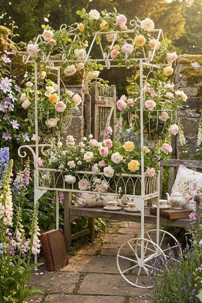 Blush roses cascading over mint slats