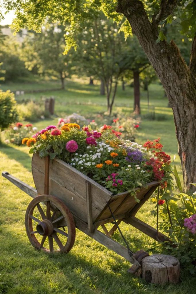 Sunlit marigolds atop tilted wooden crates
