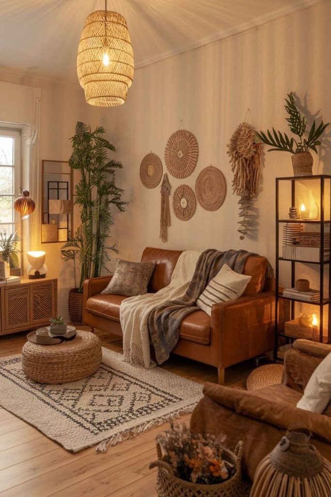 Sunlit rustic living room with earthy charm.