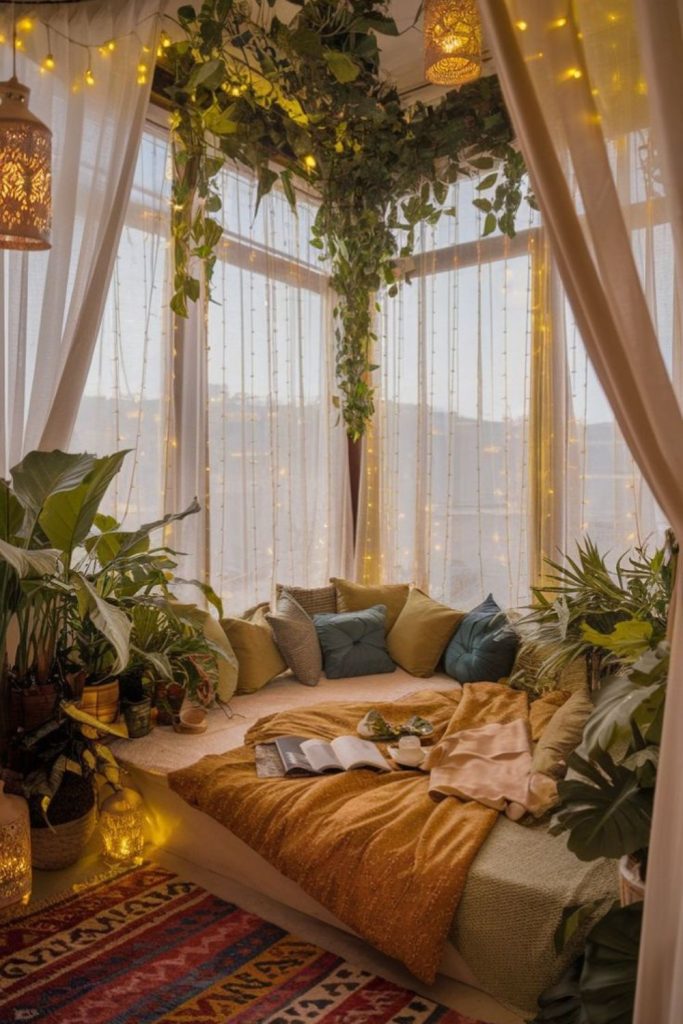 Yellow drapes floral cushions warm sunlight