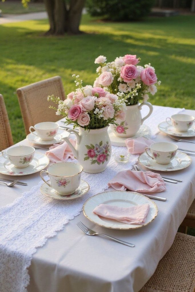 Sunlit tea party lace table setting