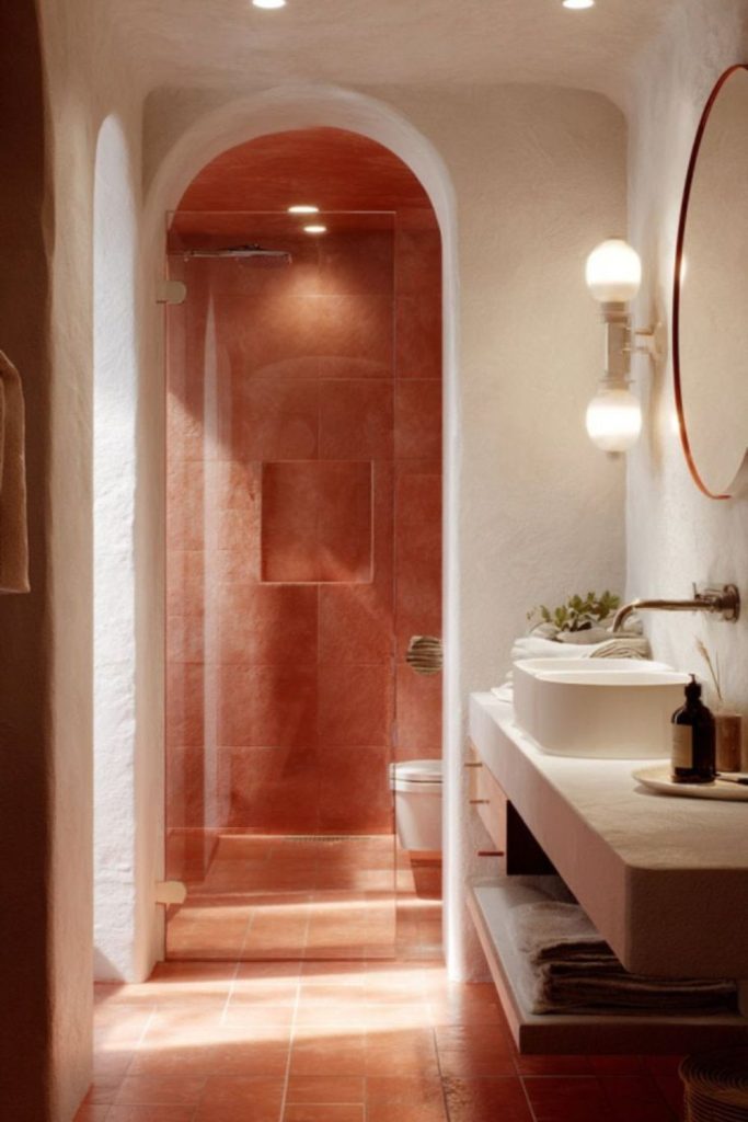 “Earthy terracotta bathroom with warm tones”