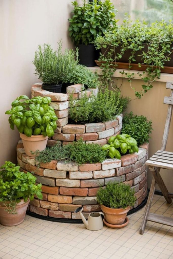 Stacked terracotta pots forming spiral garden.