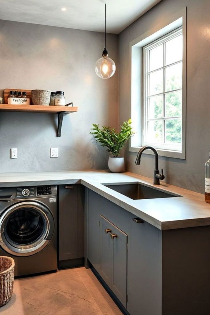 Concrete sink atop rough-hewn slab surfaces