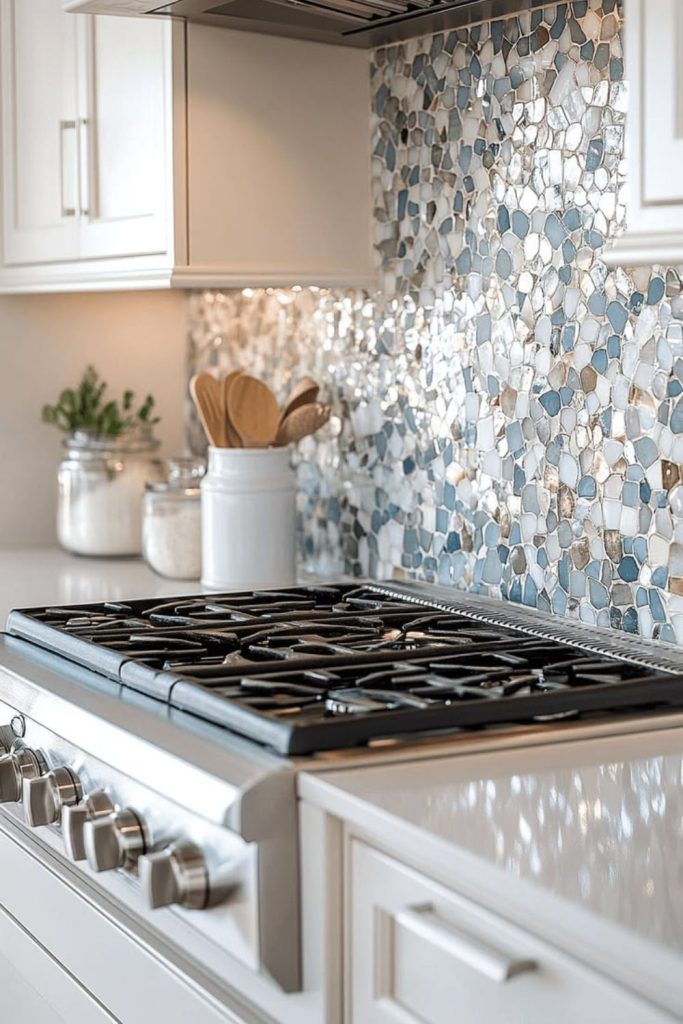 Sea glass mosaic coastal kitchen backsplash