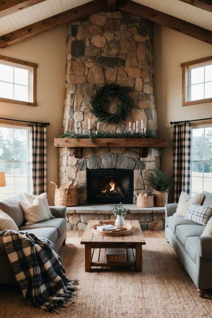 Timber homestead room with stone fireplace