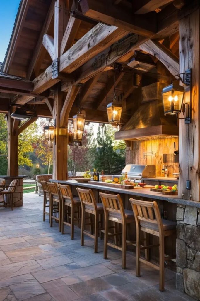 Log beams above rustic grill space