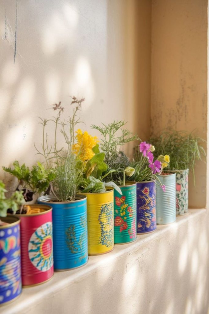 Painted tin can flower pots