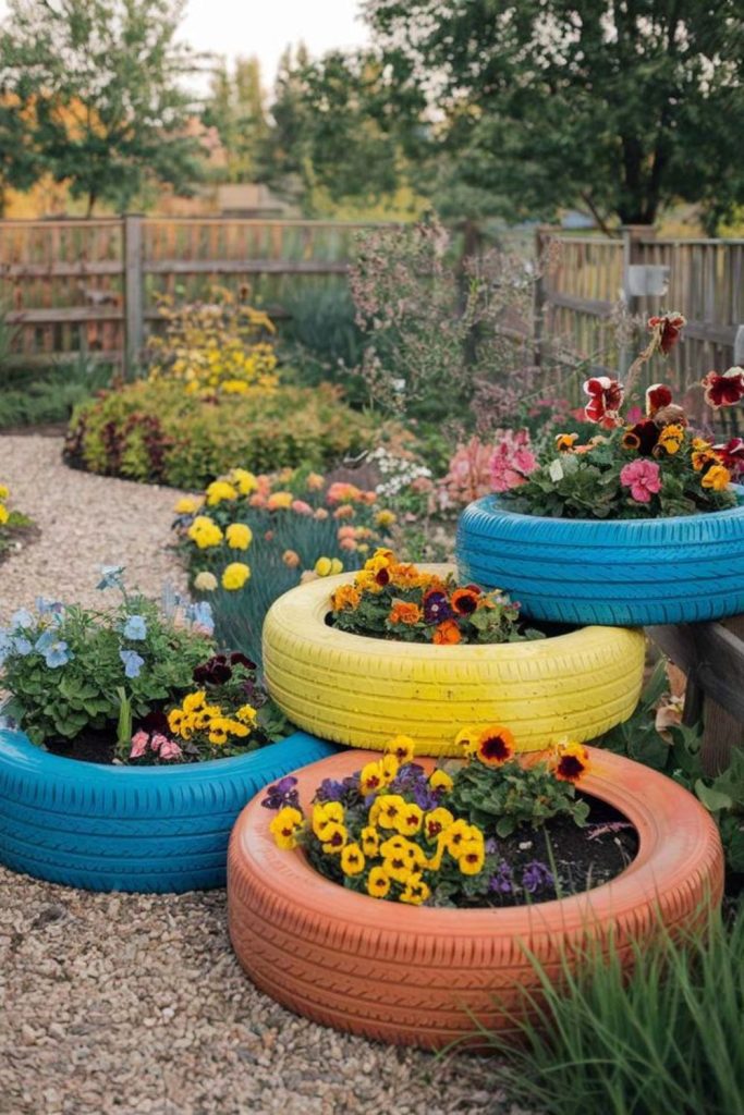 Tire planter with blooming flowers