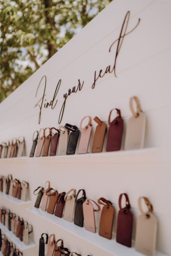 Travel luggage tag themed wedding seating chart.