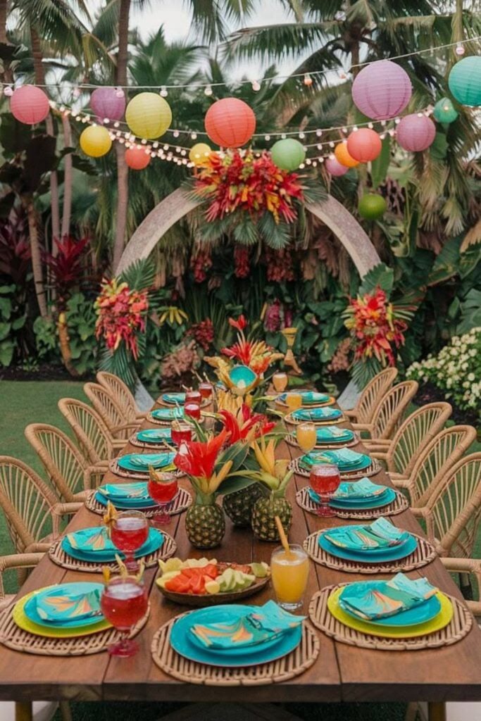 Tropical lush garden bridal shower decor