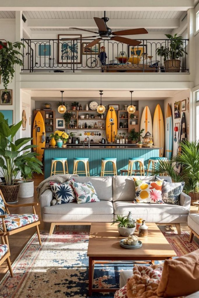 Tropical living room with lush greenery.