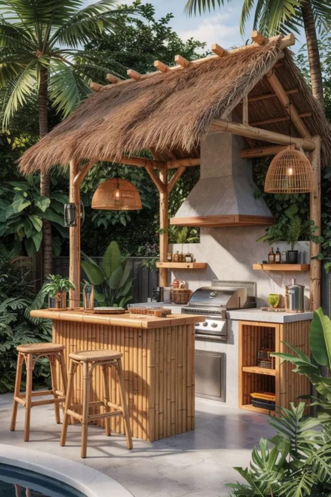 Bamboo tiki roof with grill