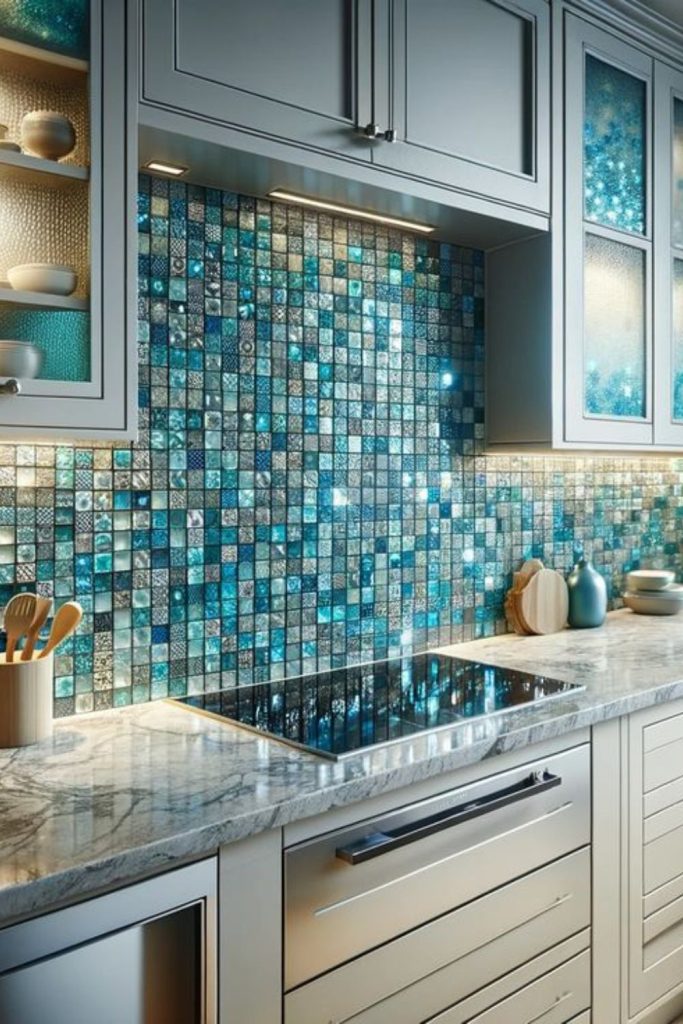 Turquoise reef glass backsplash wall
