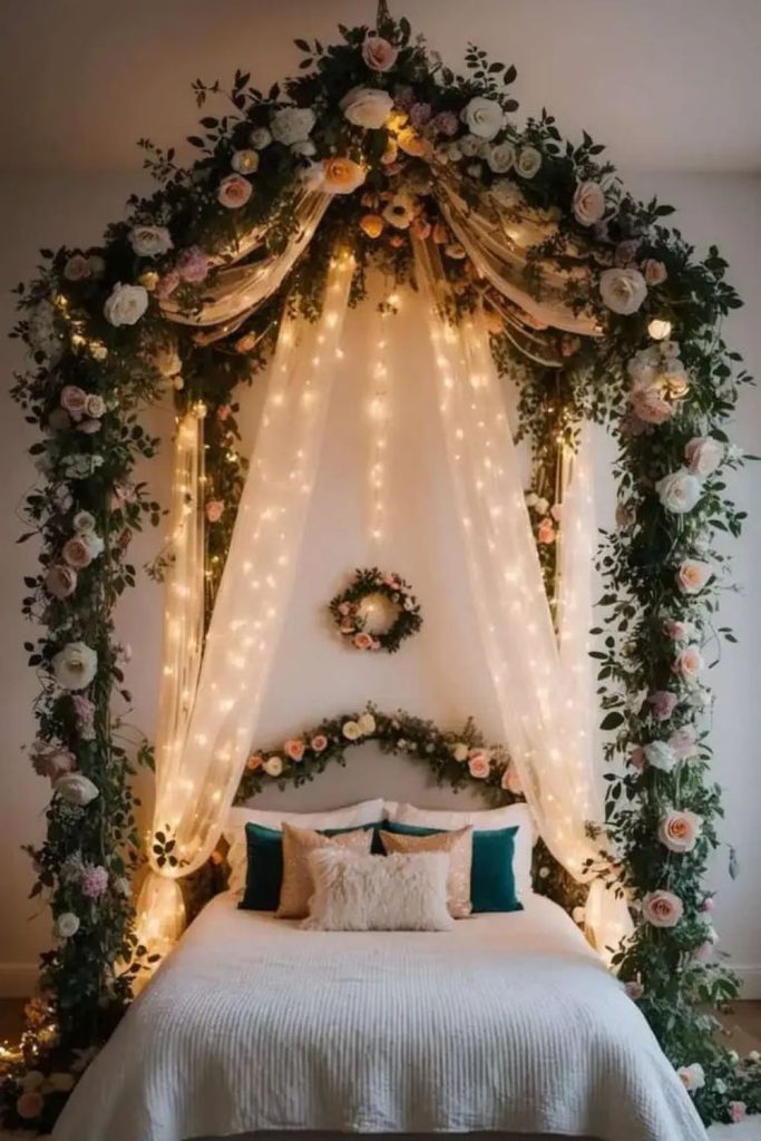 Wildflower-filled bedroom with amber glow.
