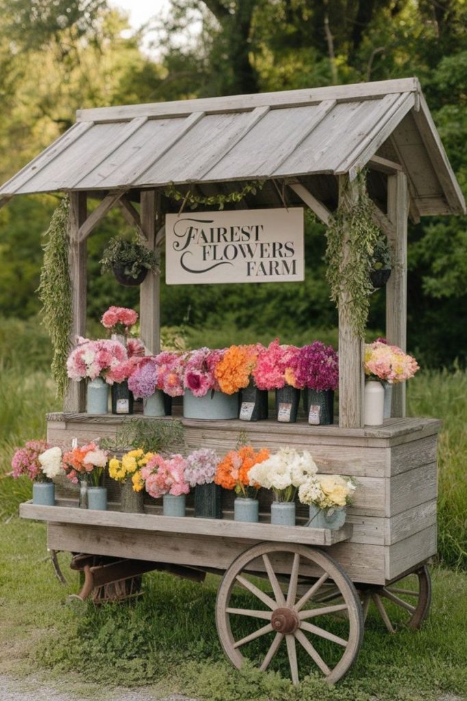 Violet peonies crowding worn wooden crates