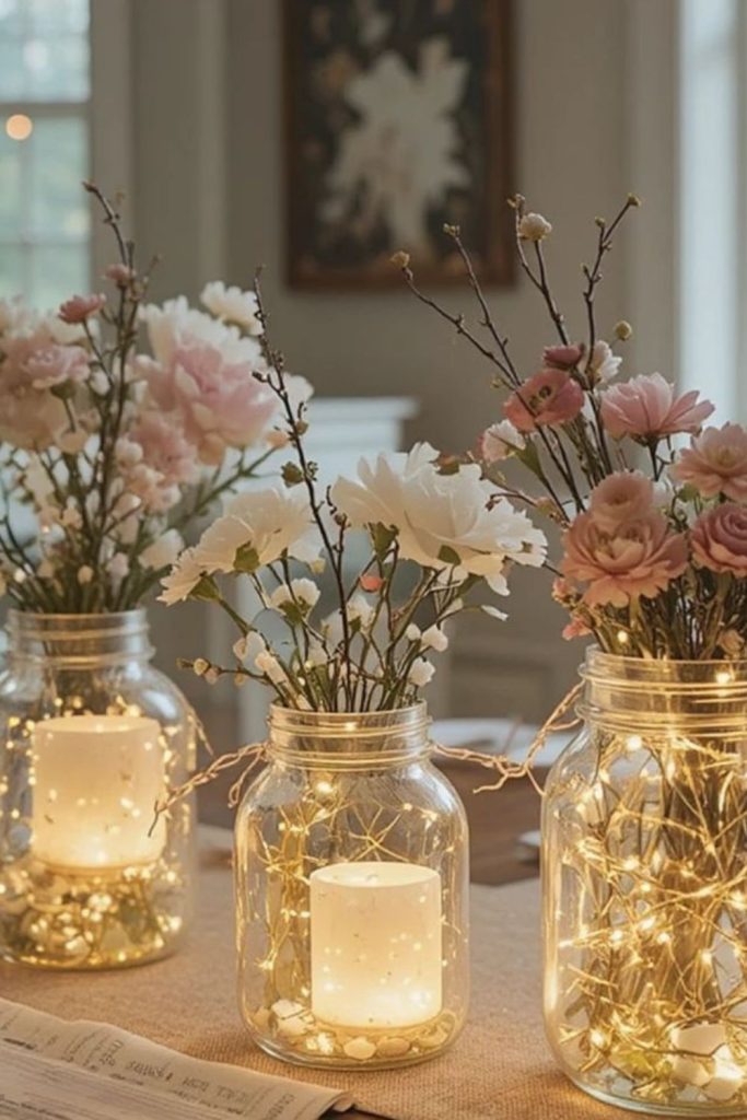 Dusky flowers illuminated under soft lanterns