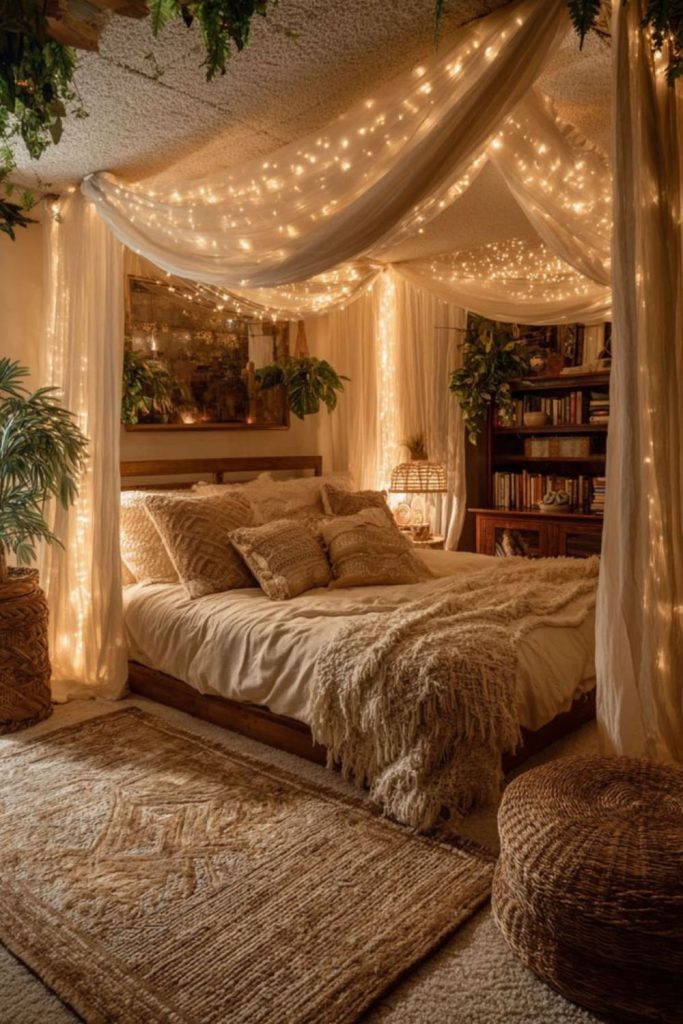 Muted walls with hanging lanterns irregularly.