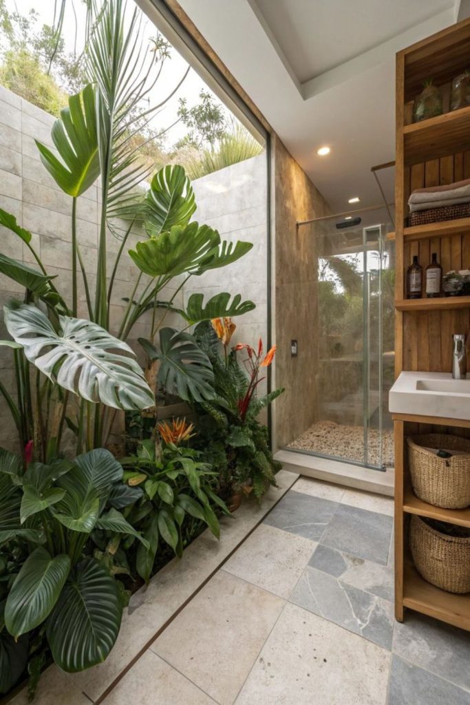 “Bathroom with urban plants and skylight”