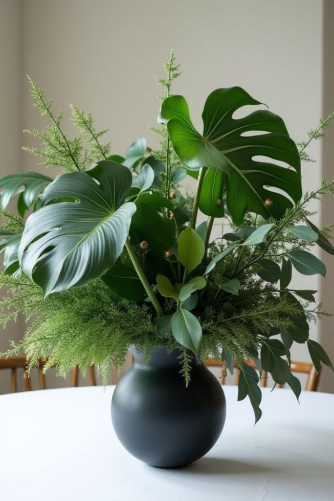 Green monstera leaves with anthuriums