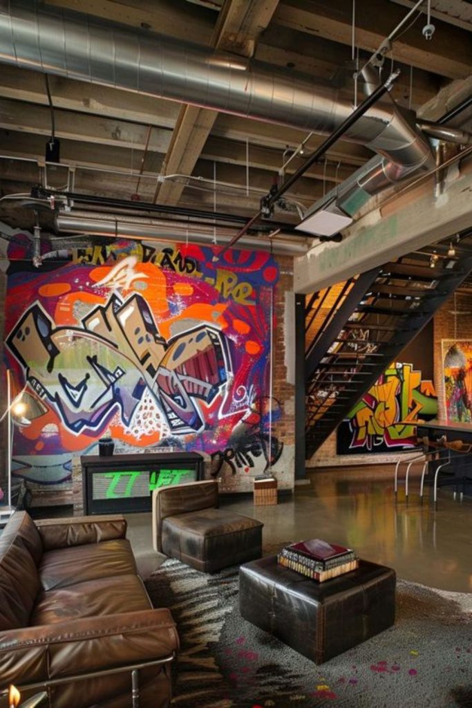 Urban loft with eclectic wall decor.