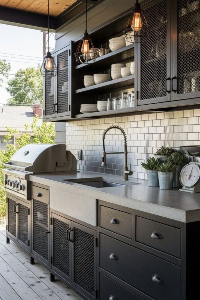 Industrial rooftop grill with city view