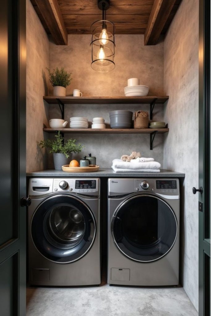 Minimal urban laundry room concrete steel