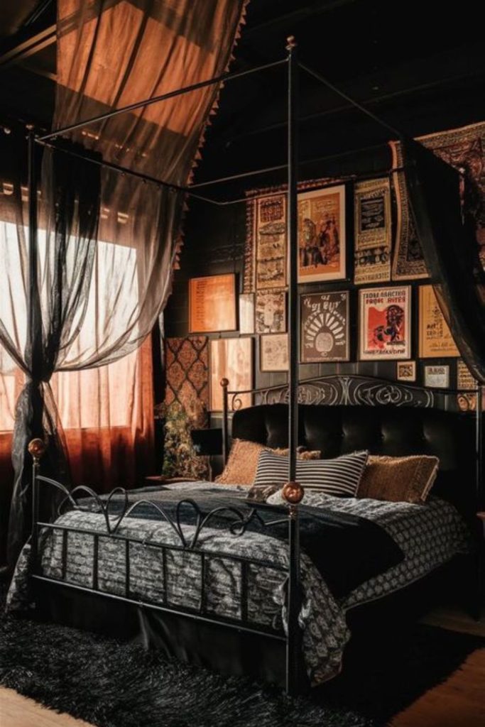 Industrial black canopy bed urban loft style.