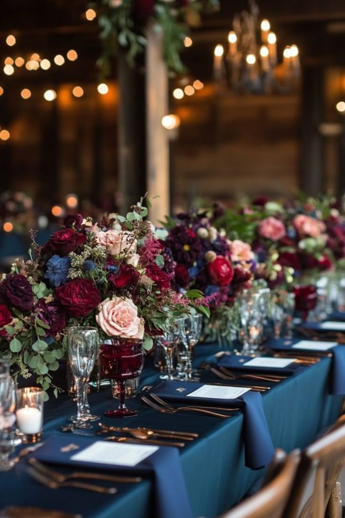 Crimson peonies with navy velvet drapes