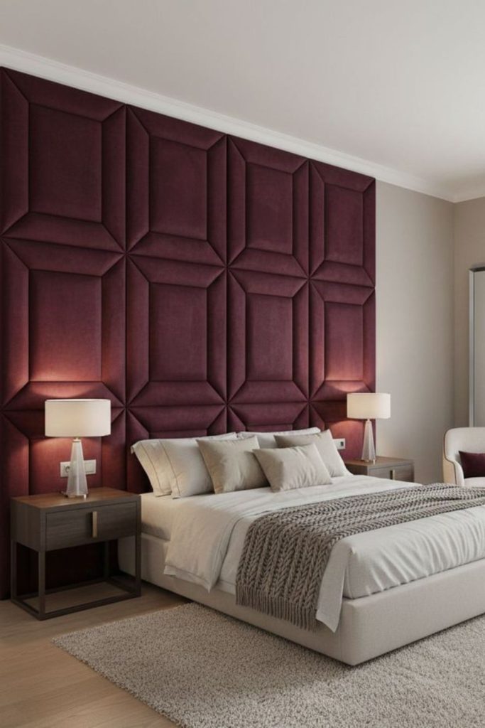 Velvet upholstered wall panels in jewel tones.