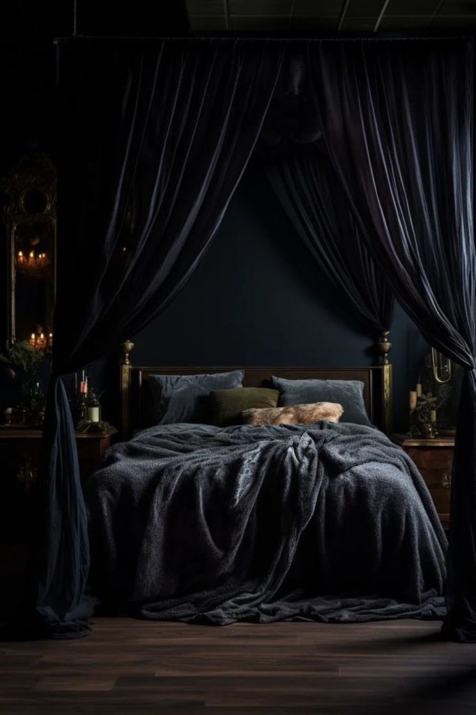 Velvet black canopy bed regal luxury bedroom.