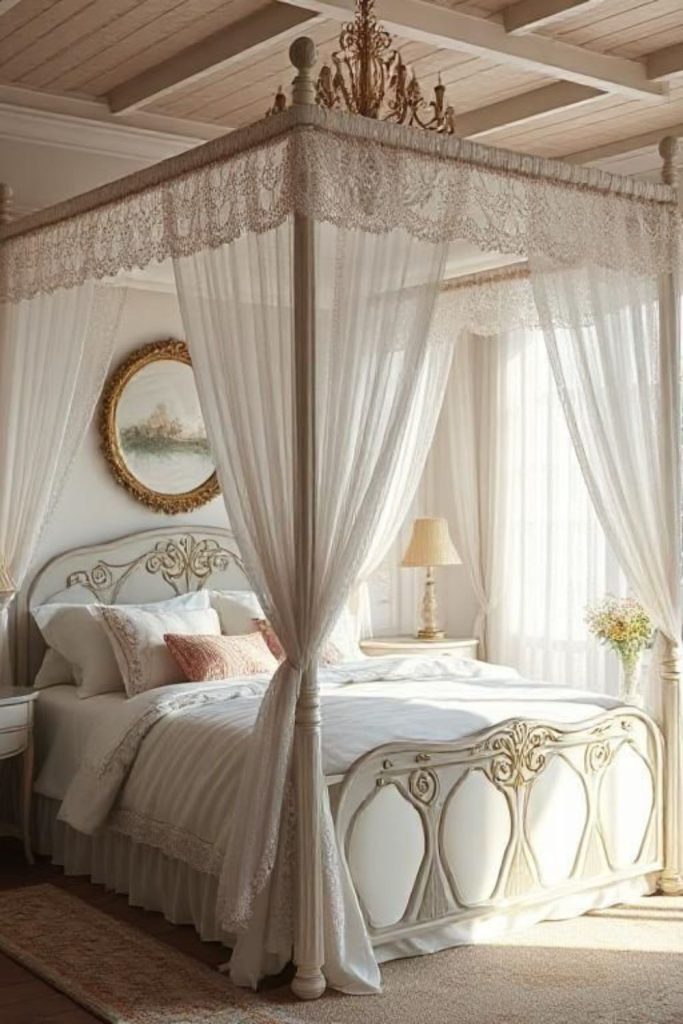 Lace panels velvet cushions rosewater