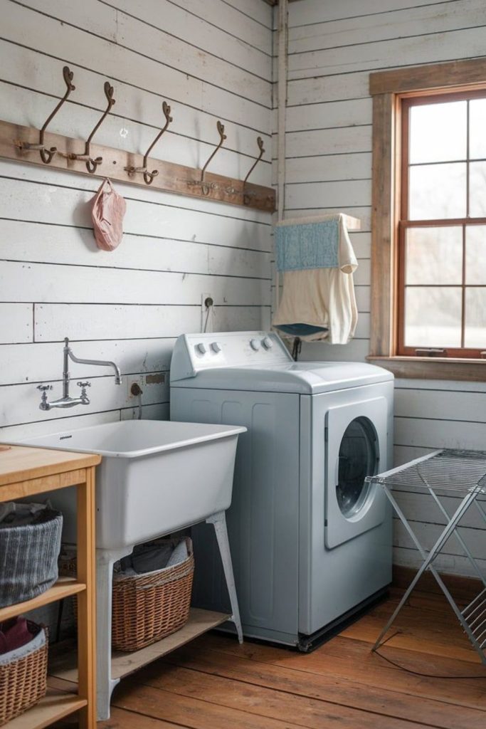 Porcelain sink with chipped vintage cabinetry