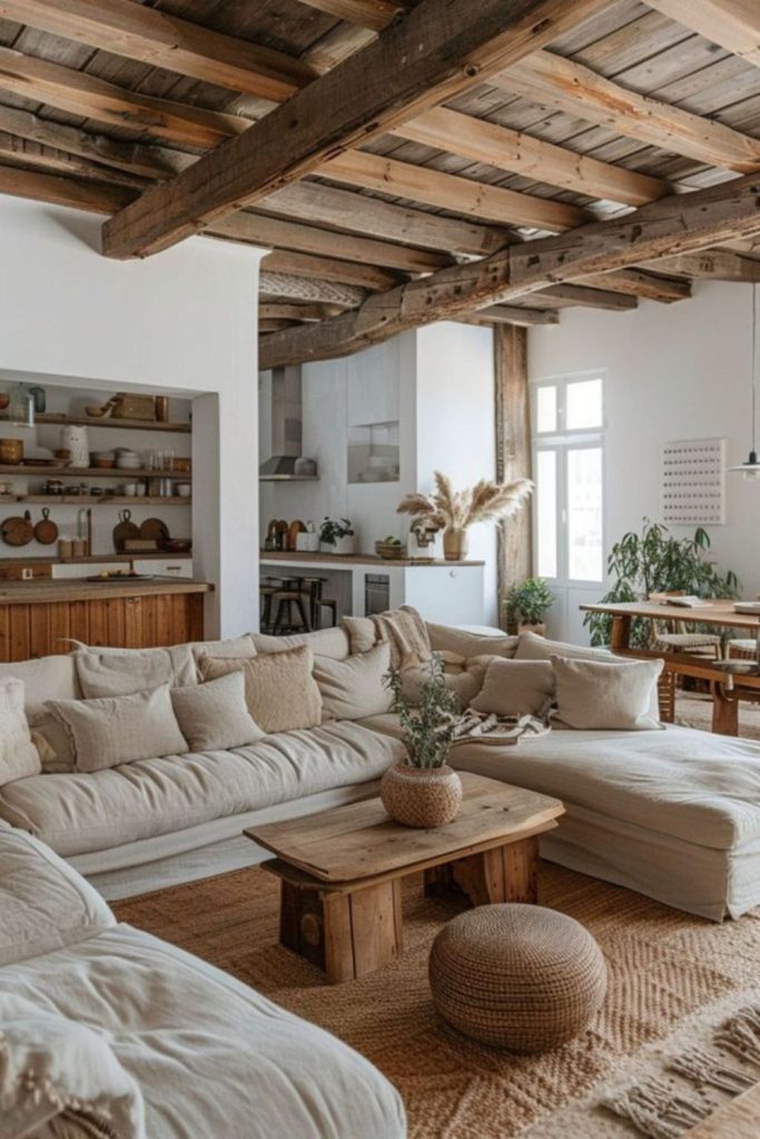 Farmhouse living room with rustic warmth.