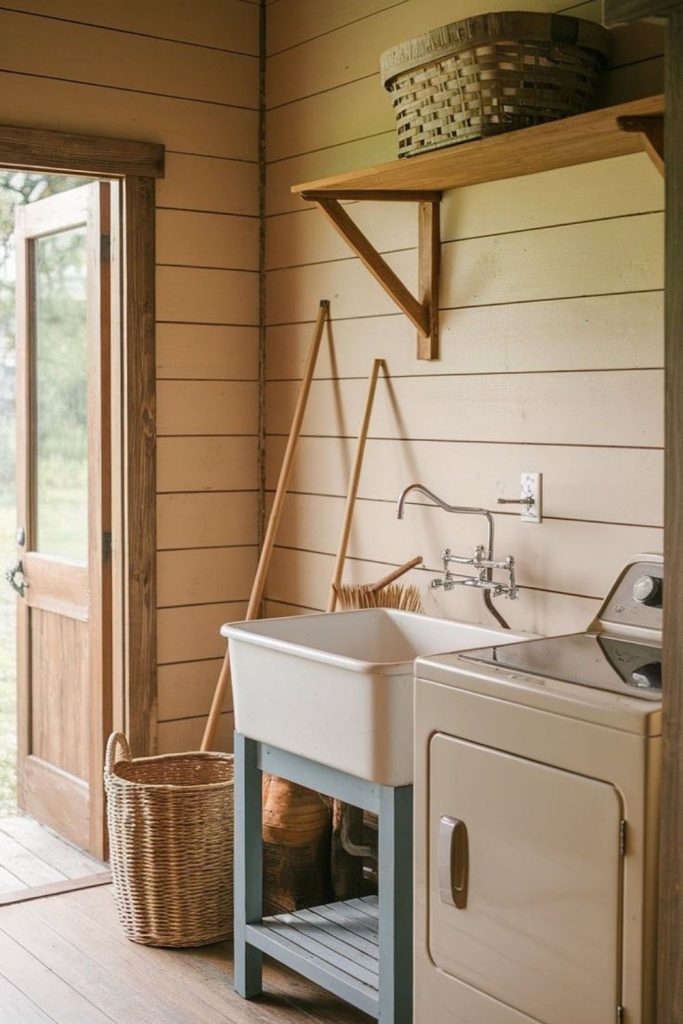 Claw-foot sink with distressed white cabinets
