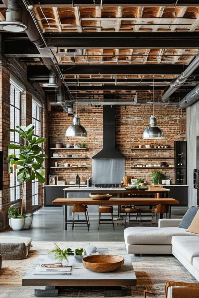 Vintage industrial loft with warm accents.