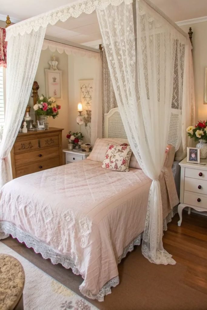 Antique lace draped over pastel bedding